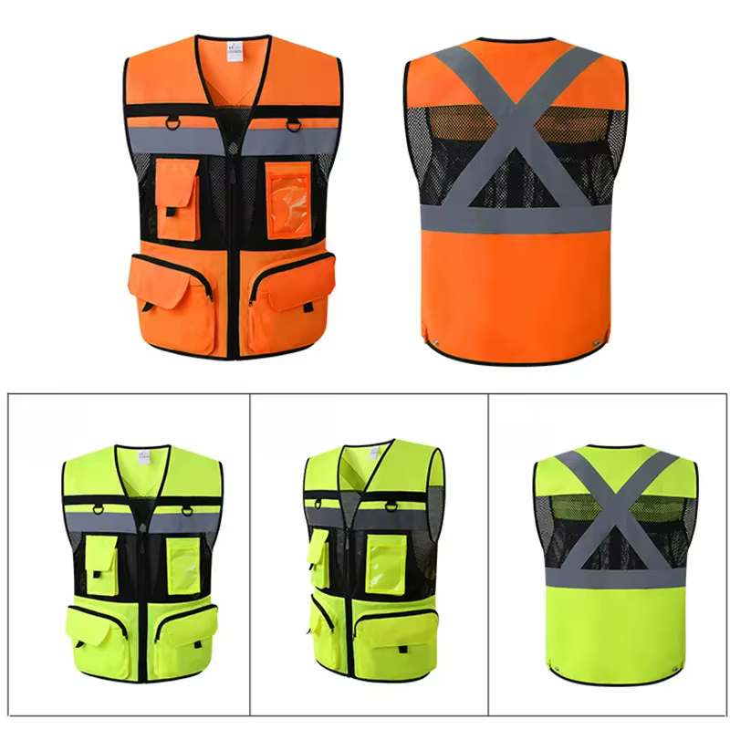 Gilet de sécurité personnalisé avec logo, poches à outils, respirant, haute visibilité, en maille, vêtements de travail