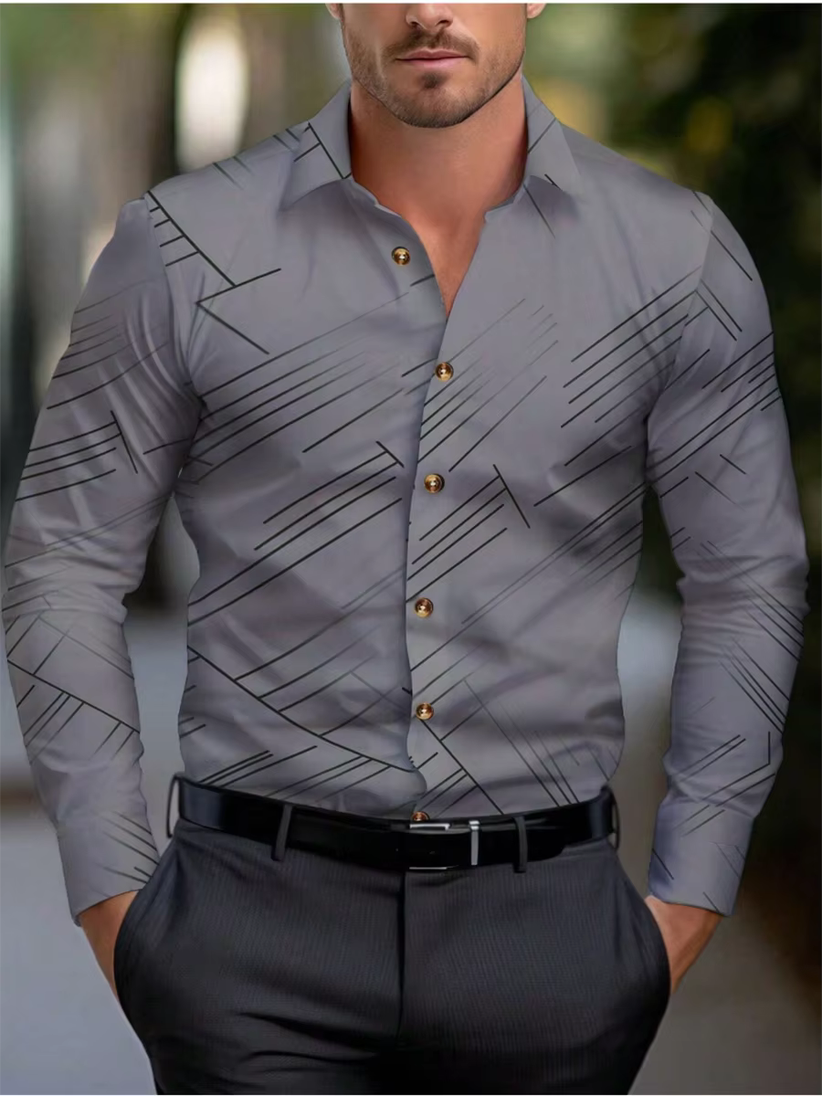 Chemise col rond pour hommes, manches longues, revers rayé, chemise décontractée pour le printemps, l'automne, l'hiver et l'été