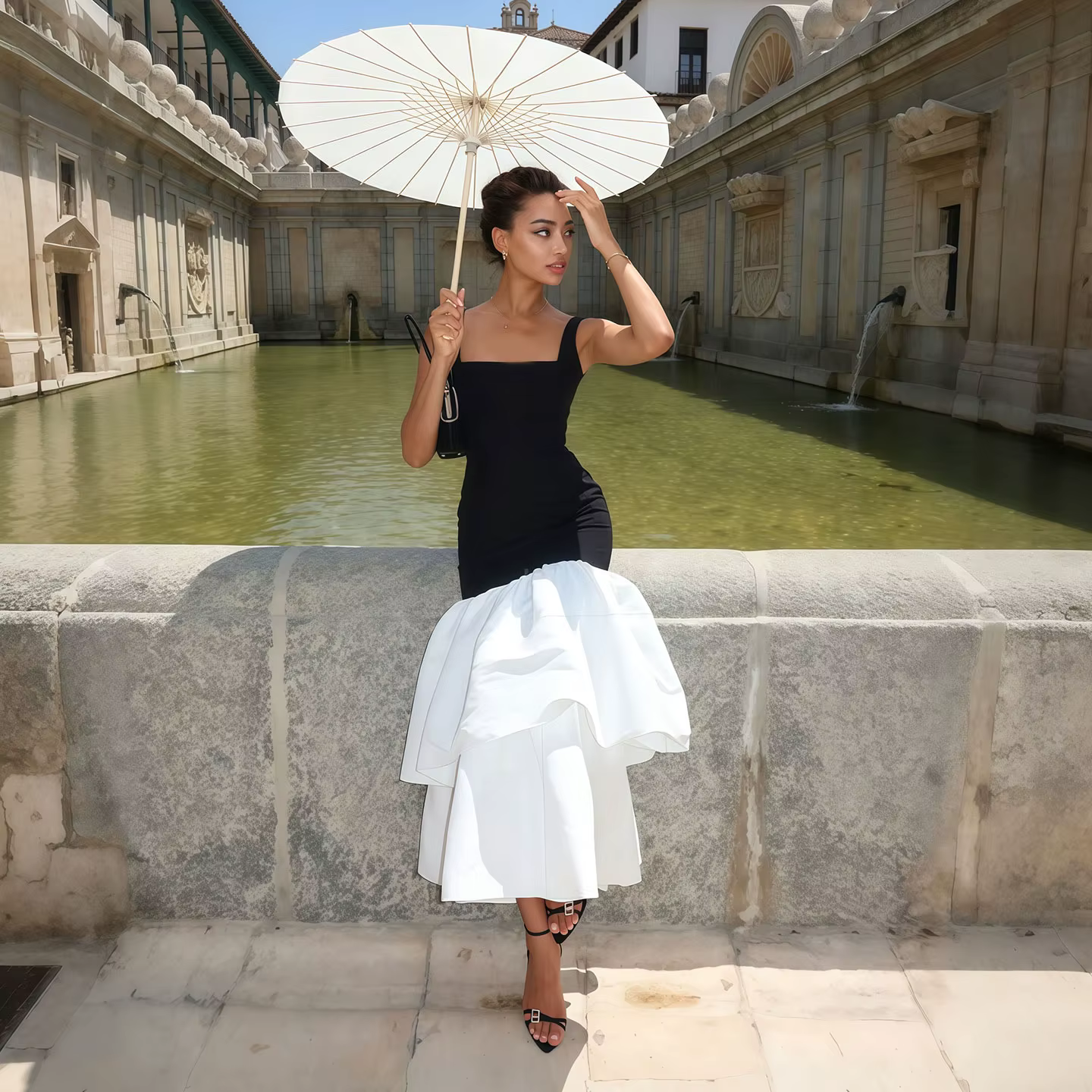 Robe de soirée longue Sharon Said Dubai noire et blanche à col carré avec jupe à volants étagés, robe de soirée formelle SF150 personnalisée