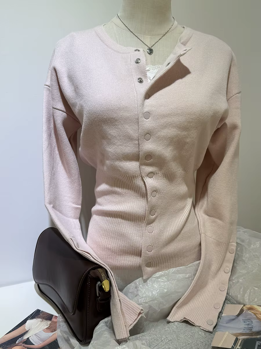 Cardigan tricoté à manches longues en coton torsadé rose pour femmes