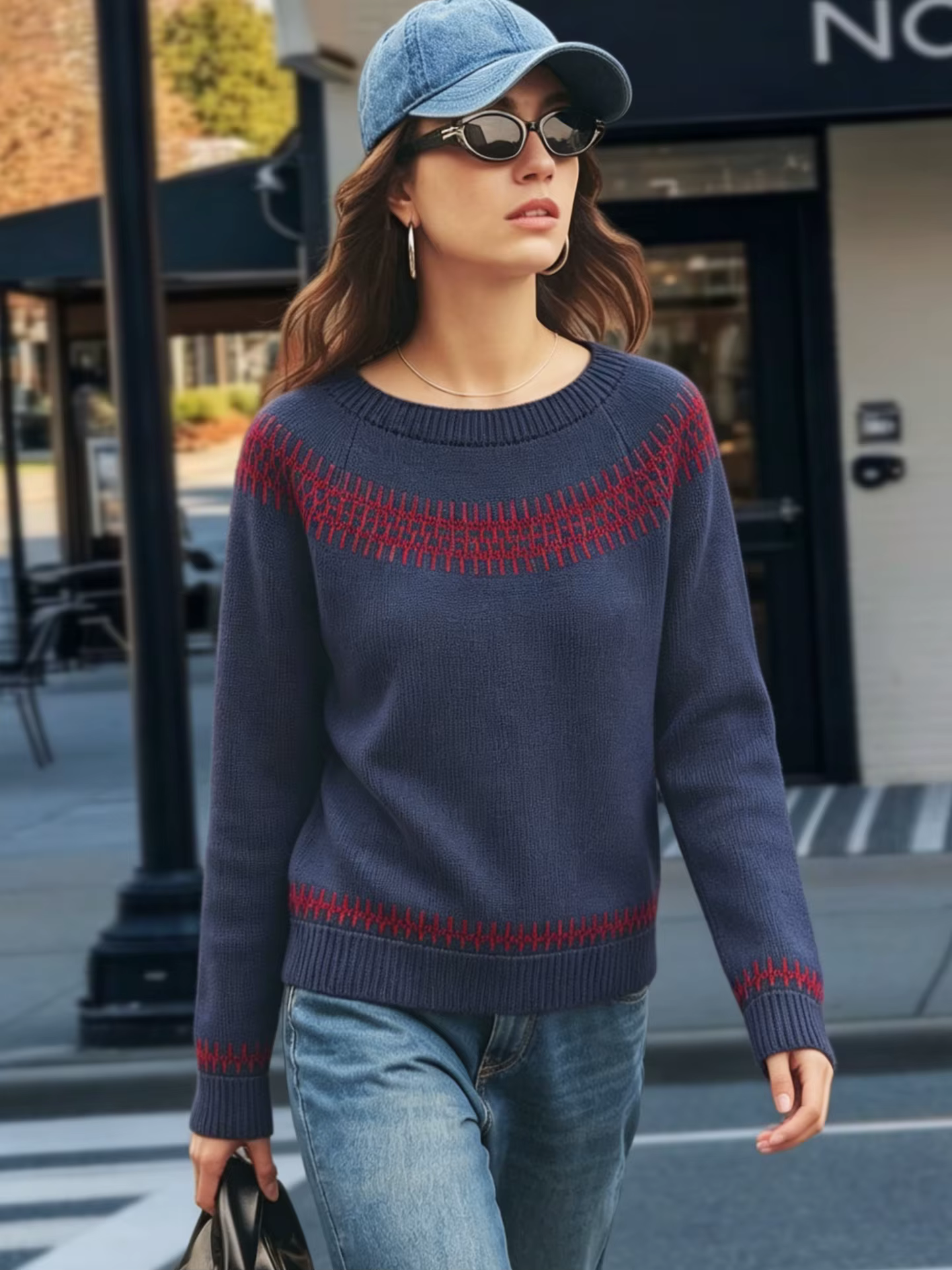 Pull en tricot à motifs géométriques bleu marine et rouge pour femme, col rond, manches longues, coupe ample, style fashion, printemps et automne
