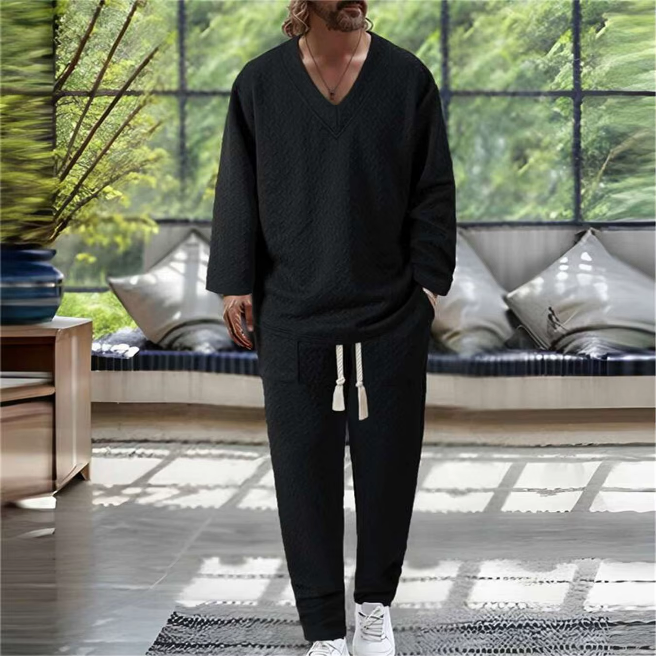 T-shirt pour homme à col en V, tendance, chaud et durable, couleur unie, texture ondulée, manches longues avec poches, tenue décontractée printemps-automne