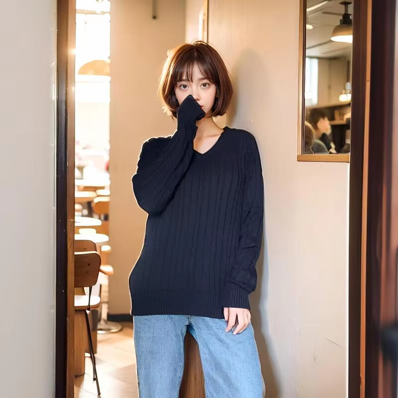 Pull en tricot Brandy Mandy col V pour femme, bleu marine, acrylique-coton, pour les occasions spéciales et le quotidien