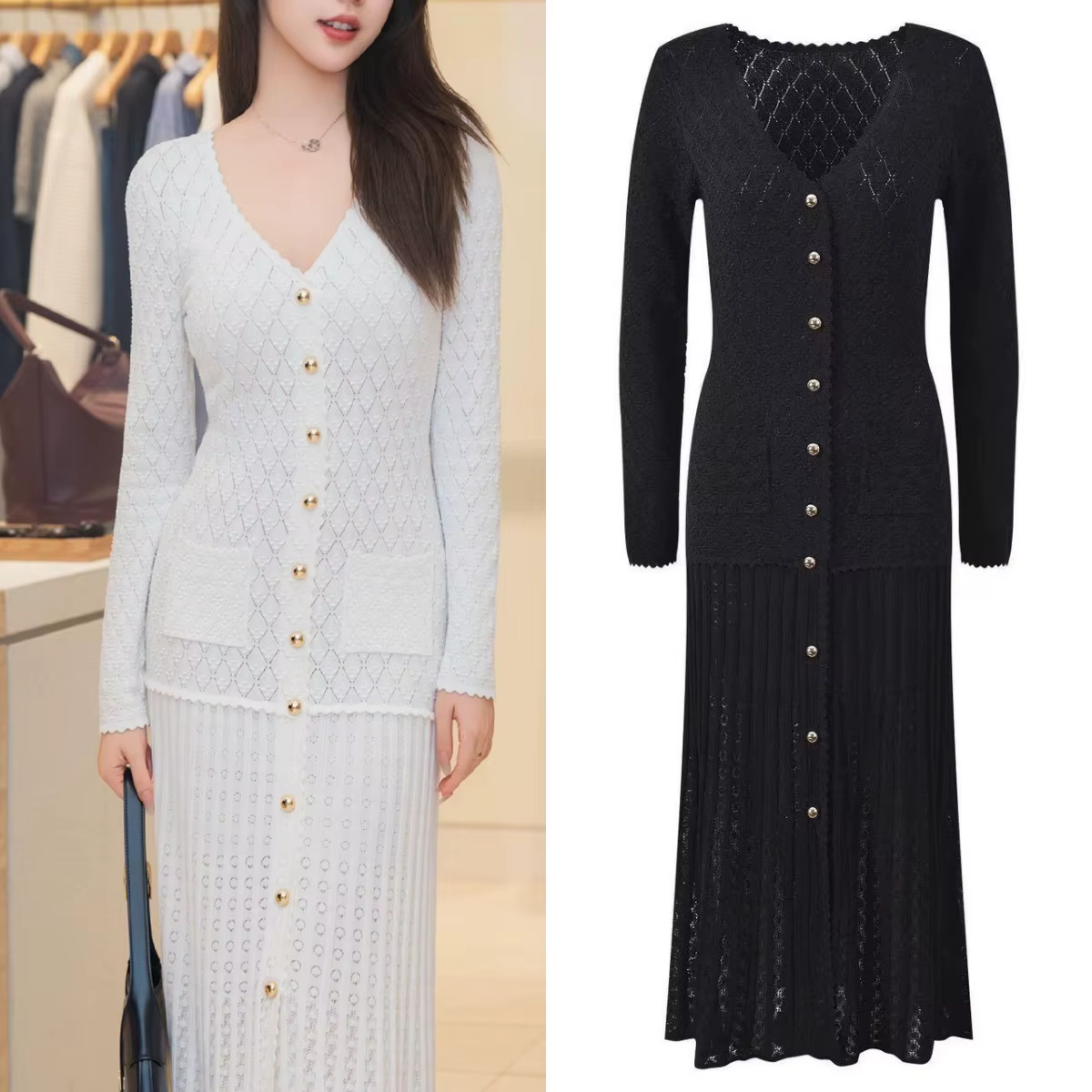 Robe élégante en tricot à col en V ajouré pour femme