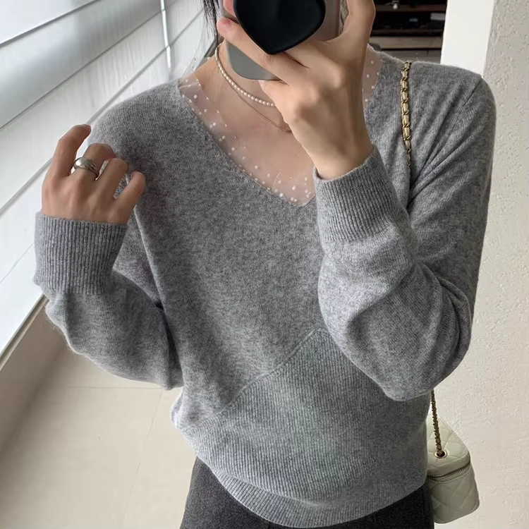 Pull coréen Patchwork à pois col en v pulls femmes Sueter Mujer à manches longues doux