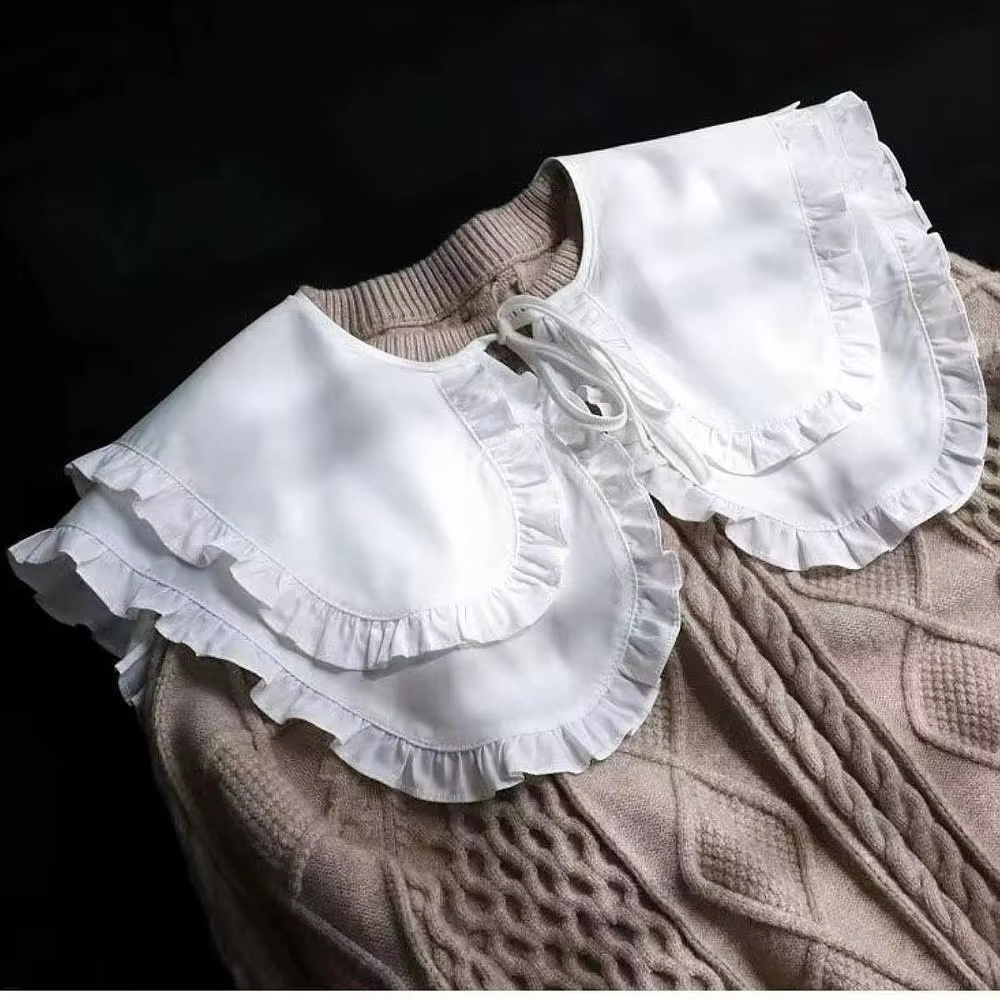 Faux col pour femme à grand revers, style demi-chemise, à lacets, double couche, couleur unie, à volants, style col de poupée, décoratif