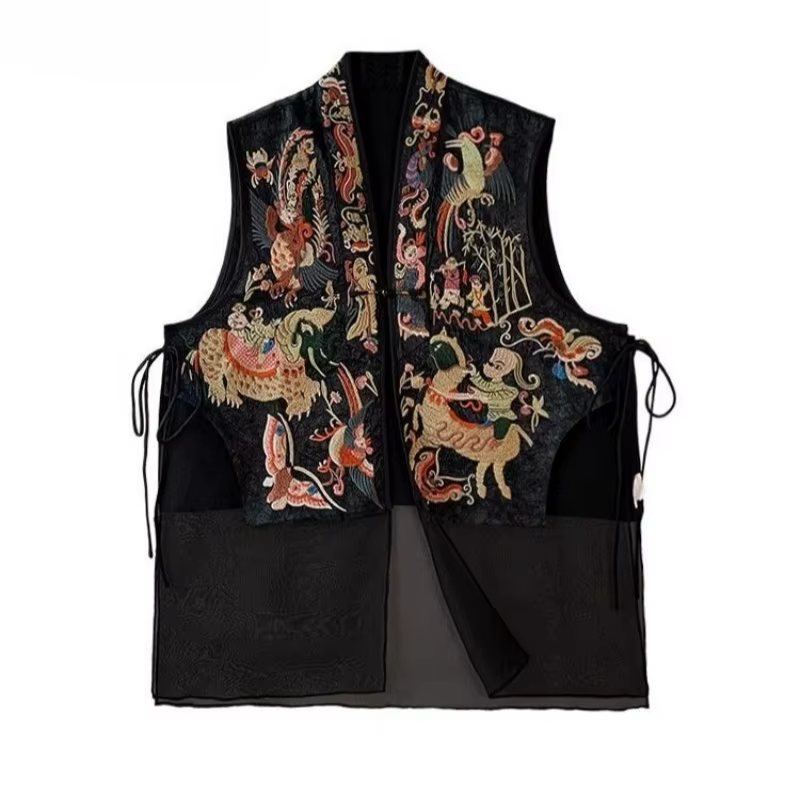 Style chinois femmes gilet manteaux Patchwork gaze broderie