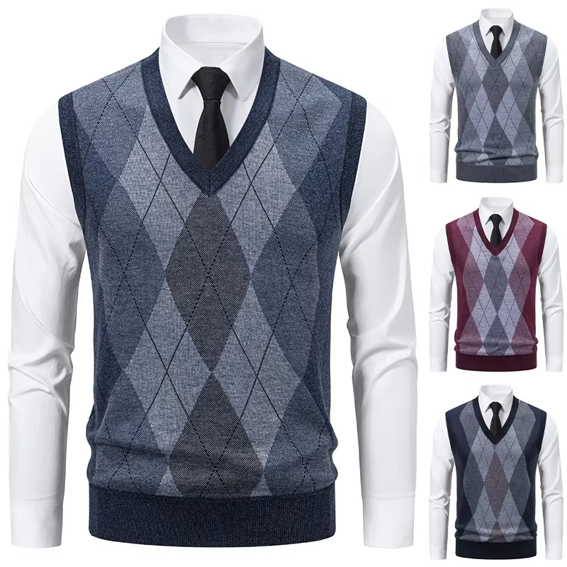 Pull tricoté à col en v pour hommes, chaud, décontracté, mode, grille de diamant, Design de fleurs torsadées, haut polyvalent, nouvelle collection automne hiver