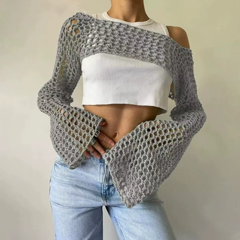 Y2K manches haussement d'épaules pull fibres acryliques douces femmes Crochet haut court
