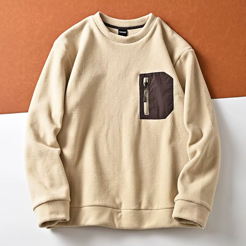 Pull chaud décontracté à col rond pour hommes, pull tendance, poche zippée sur la poitrine, sourire, polyvalent