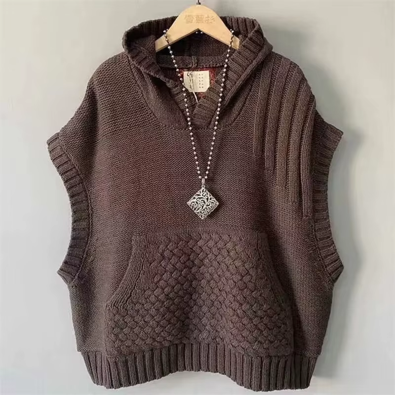 2025 automne hiver sans manches réduction de l'âge dames tricoté pull gilet veste à capuche loisirs couleur unie femmes