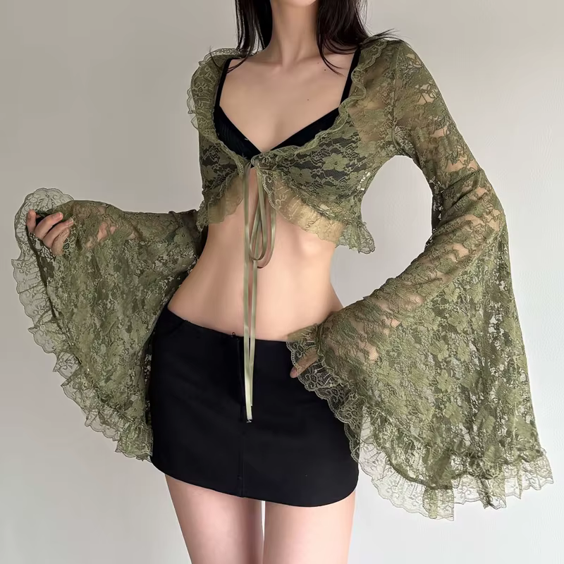 Cardigan vert en dentelle à nouer pour femme