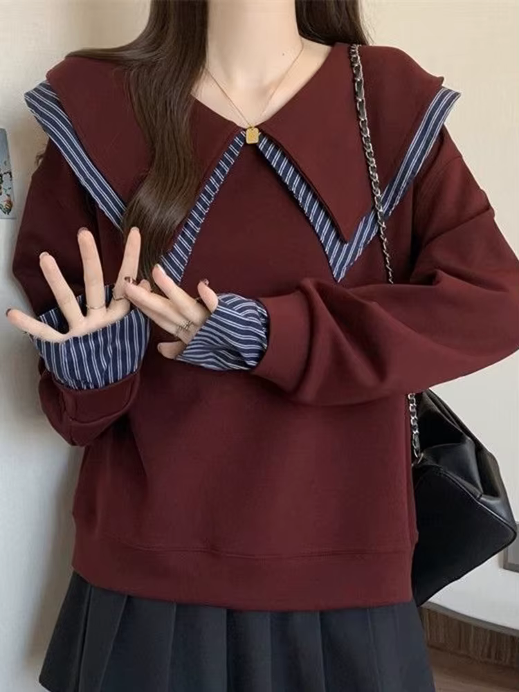 Sweat-shirt à col marin japonais pour femmes style préppy patchwork printemps automne ample manches longues deux hauts kawaii vintage