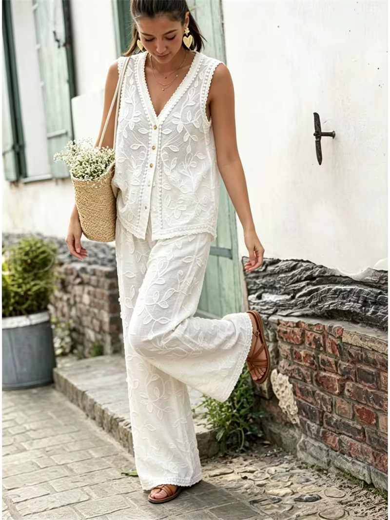 Ensemble gilet et pantalon blancs brodés en jacquard