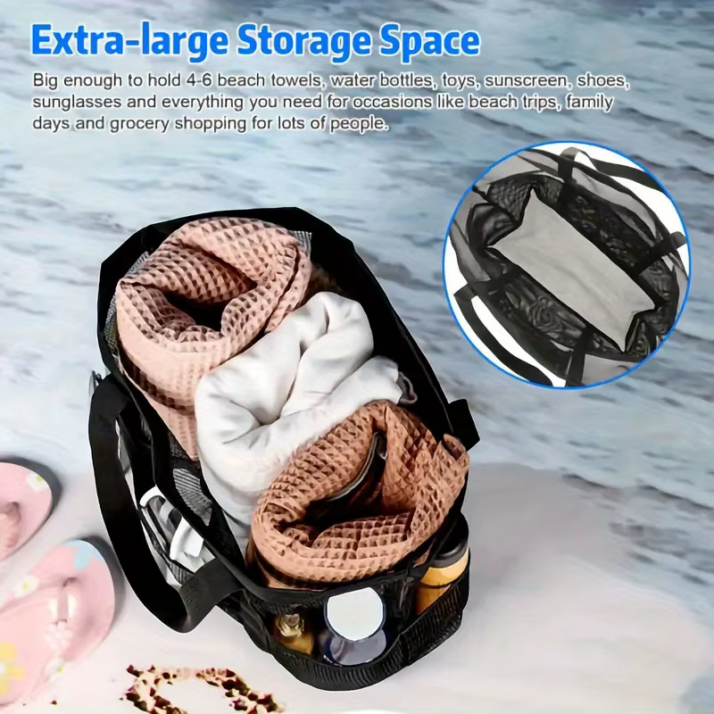 Sac de plage en maille, sac de douche à bandoulière en maille, sac de fitness, sac de natation, sac de voyage à grande capacité pour cosmétiques