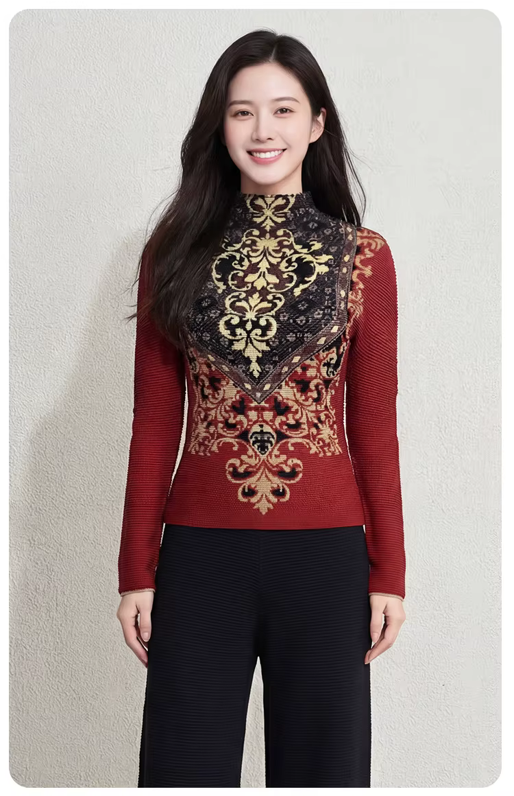 Haut plissé à col roulé imprimé style baroque rétro