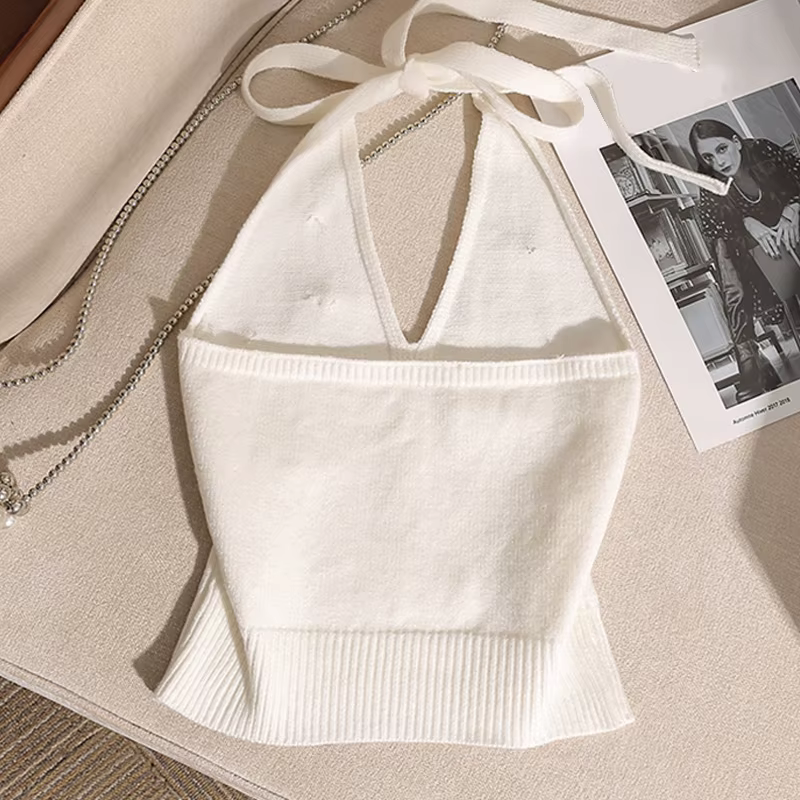 Mode française perlée licou cou cravate noeud dos nu tricoté gilet pour les femmes