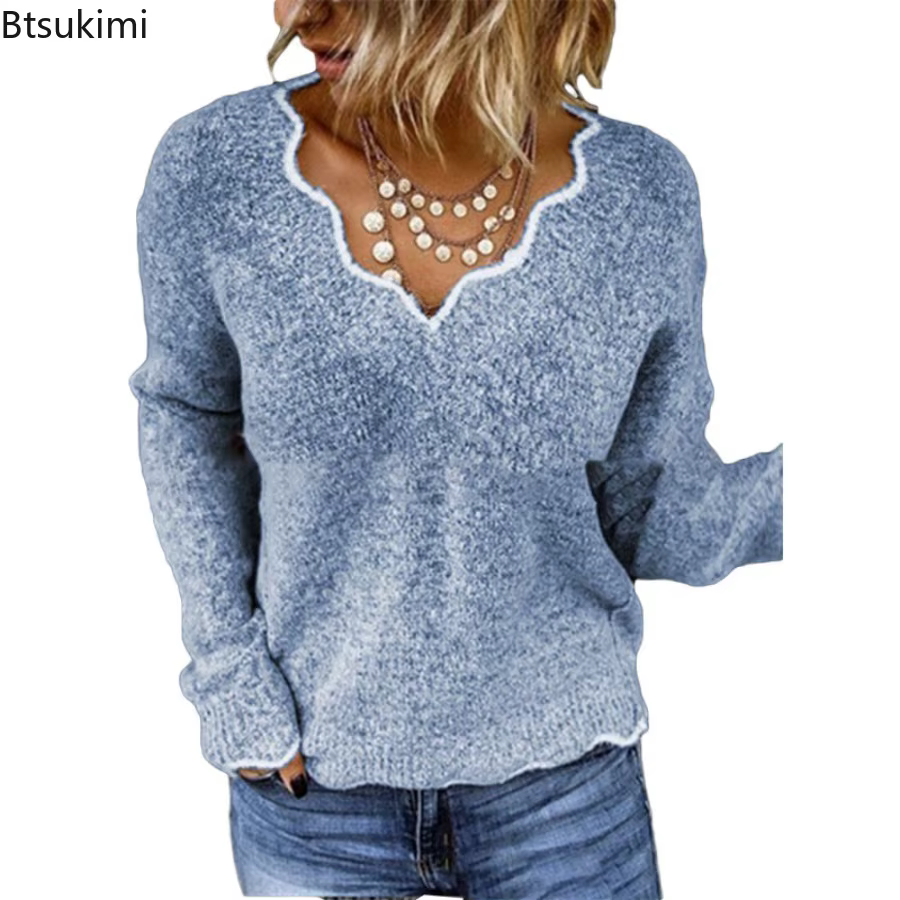 Pull décontracté à col en V pour femmes, couleur unie, polyester, automne hiver, manches longues, occasions casual et soirées