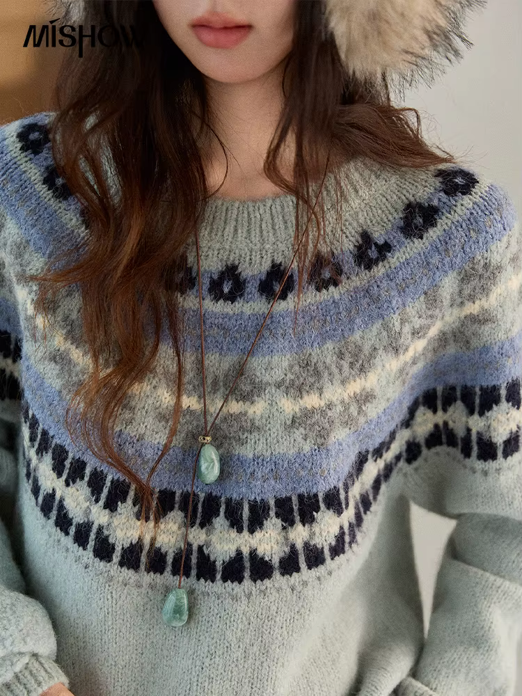 MISHOW femmes bleu Fair Isle pull 2025 hiver géométrique Jacquard ample rétro laine mélange tricot pulls MXE87Z2767