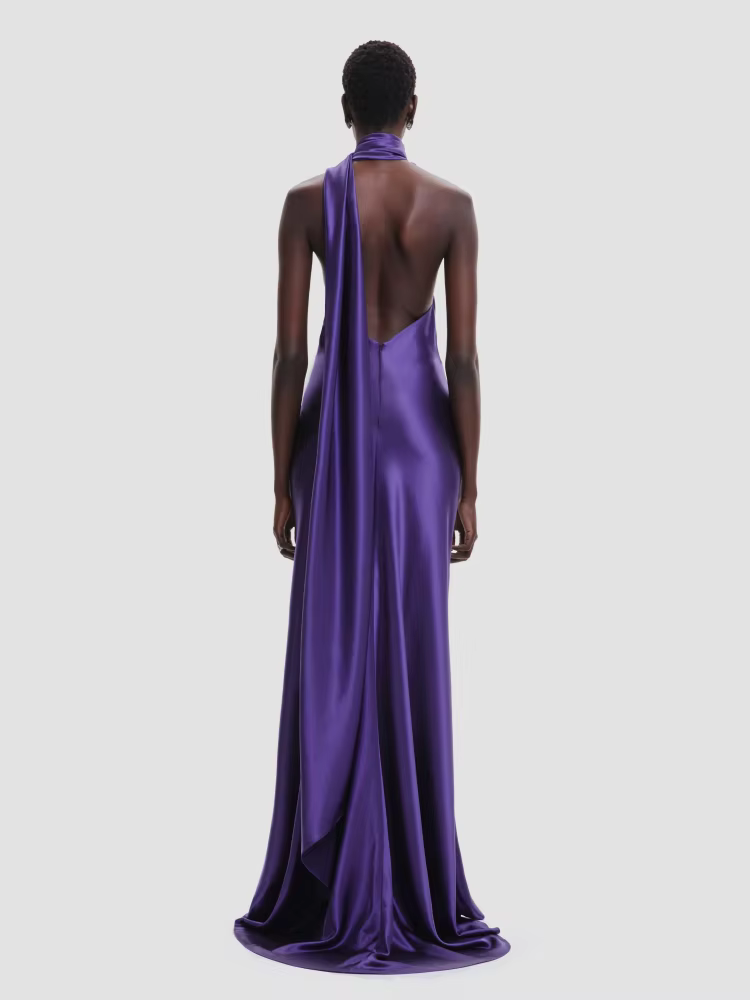Robe longue dos nu pour femmes, Sexy, col licou, Design floral 3D, violet, sans manches, ruban drapé, Maxi, élégante, soirée