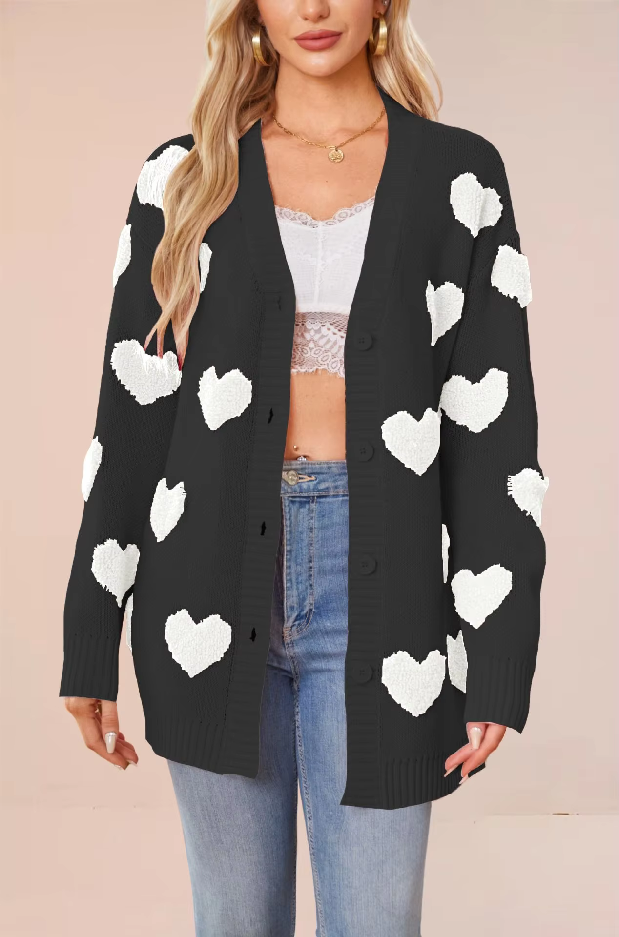 Cardigan en polyester forme de cœur solide et décontracté avec col rond et fermeture éclair pour femmes occassions automne hiver