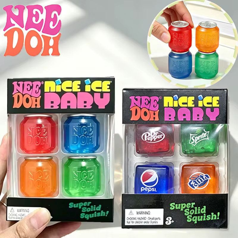 Needoh Nice Ice Mini 4 Pack Cube de canette de boisson cola, jouet anti-stress non toxique à récupération lente, pour soulager l'anxiété, portable et de poche