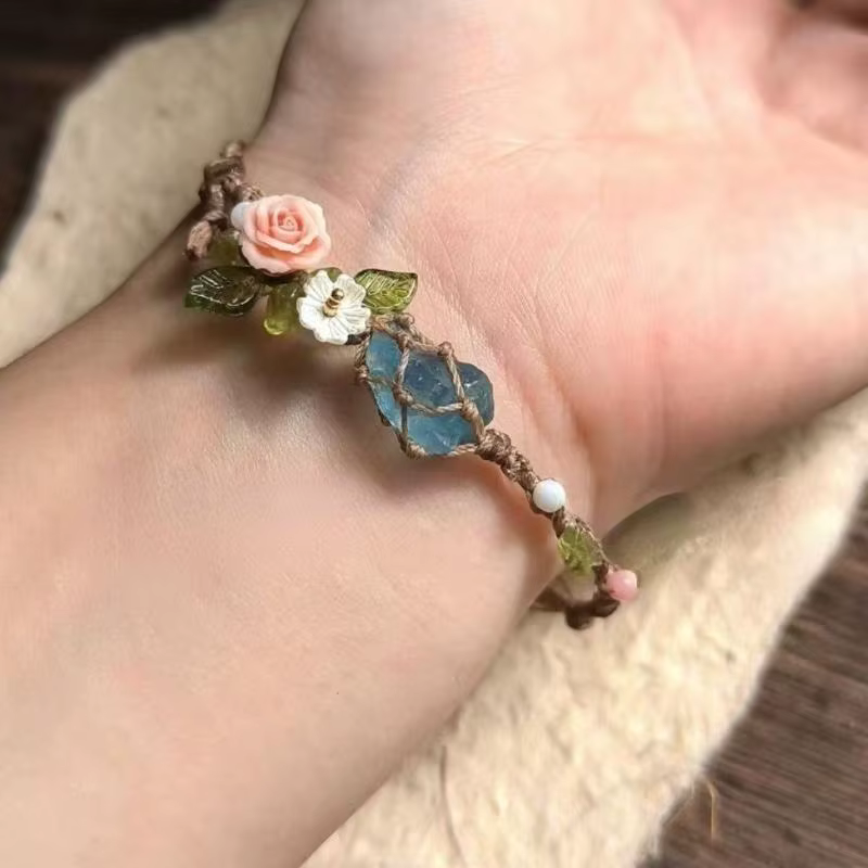 Bracelet ajustable fait main en perles d'aigue-marine, maille de cristal, bijou élégant pour le yoga et le fitness