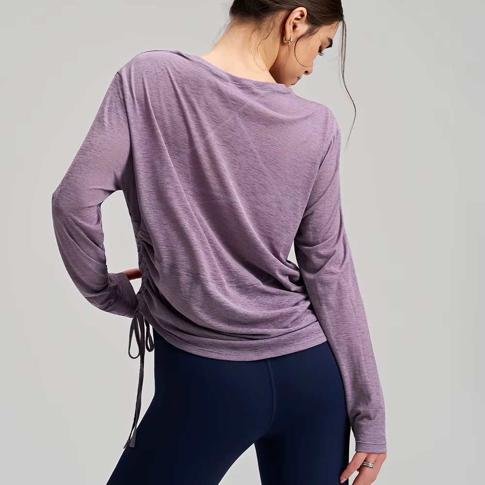 Chemise de Yoga à manches longues pour femmes, tunique ample avec cordon de serrage, vêtements d'extérieur respirants à col rond pour salle de sport