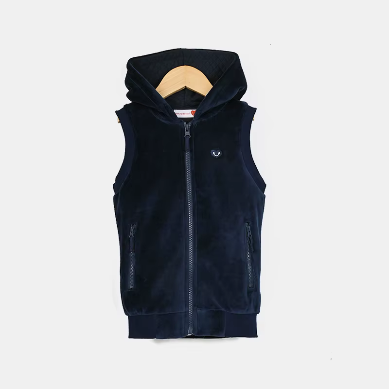 Vêtements d'enfance pour garçon/fille, gilet scolaire bleu marine avec doublure en velours, gilet extérieur à capuche, fermetures éclair sur le devant et cœur brodé, hauts pour enfants