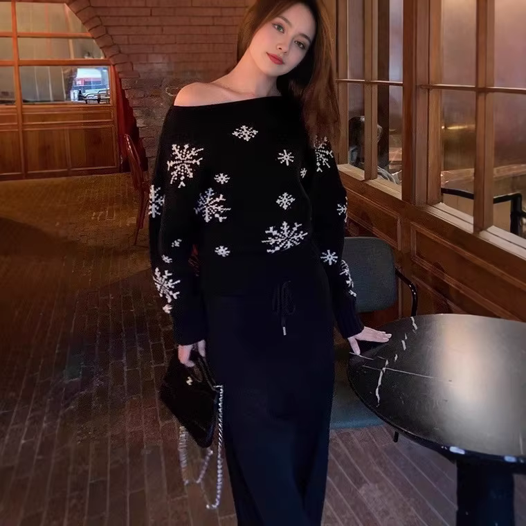 Pull de Noël flocon de neige rouge col pull femme