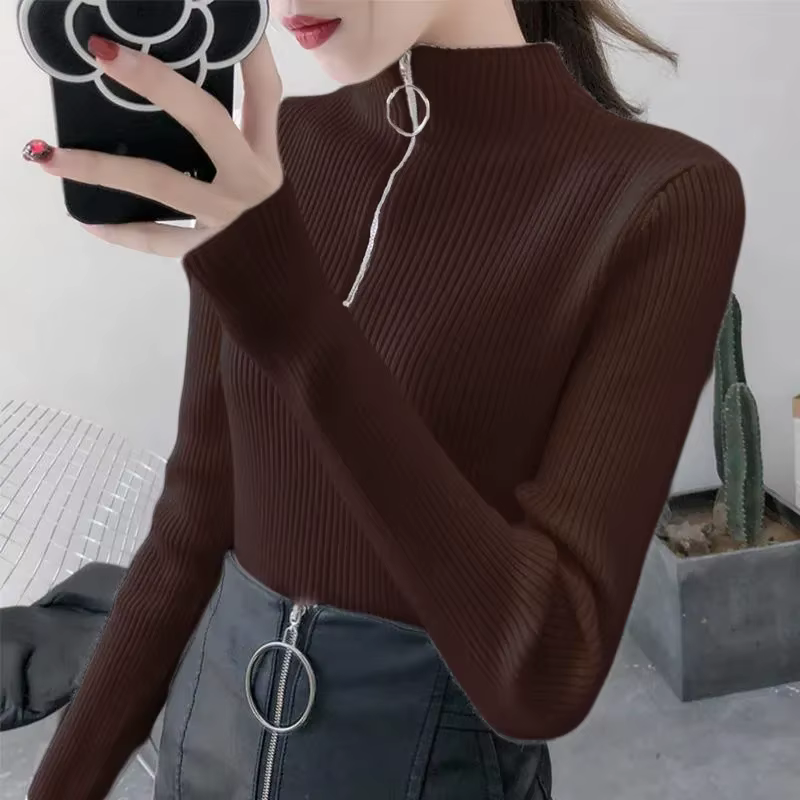 Tricoté femmes fermeture éclair demi col haut Pull pulls automne hiver basique