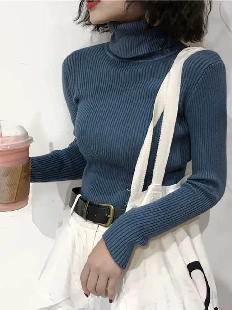 Pull Col Roulé Femme Automne Hiver 2026 – Haut Coréen Slim Tricoté