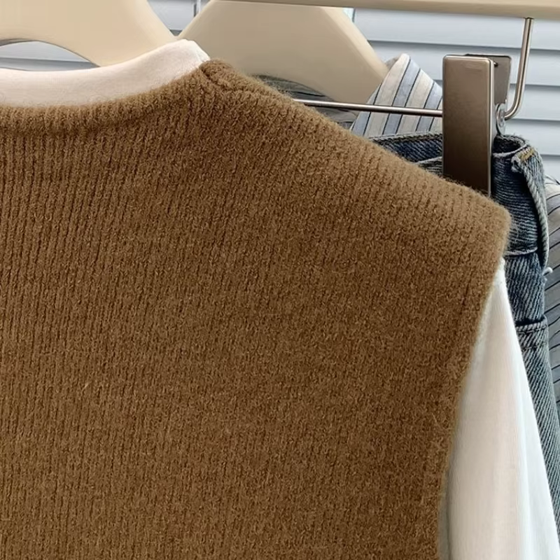 Gilet tricoté doux pour femmes, col en V, boutonnage simple, polyester, pour femmes de tous âges, élégant et décontracté, automne et hiver, sans manches, cardigan, manteau tricoté ample