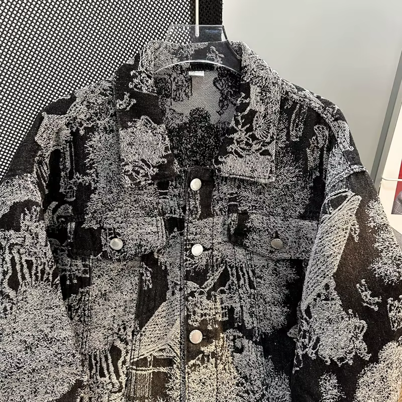 Veste en jean brodée de style punk pour hommes, veste en jean jacquard, vêtements d'automne et d'hiver, style européen, coupe décontractée