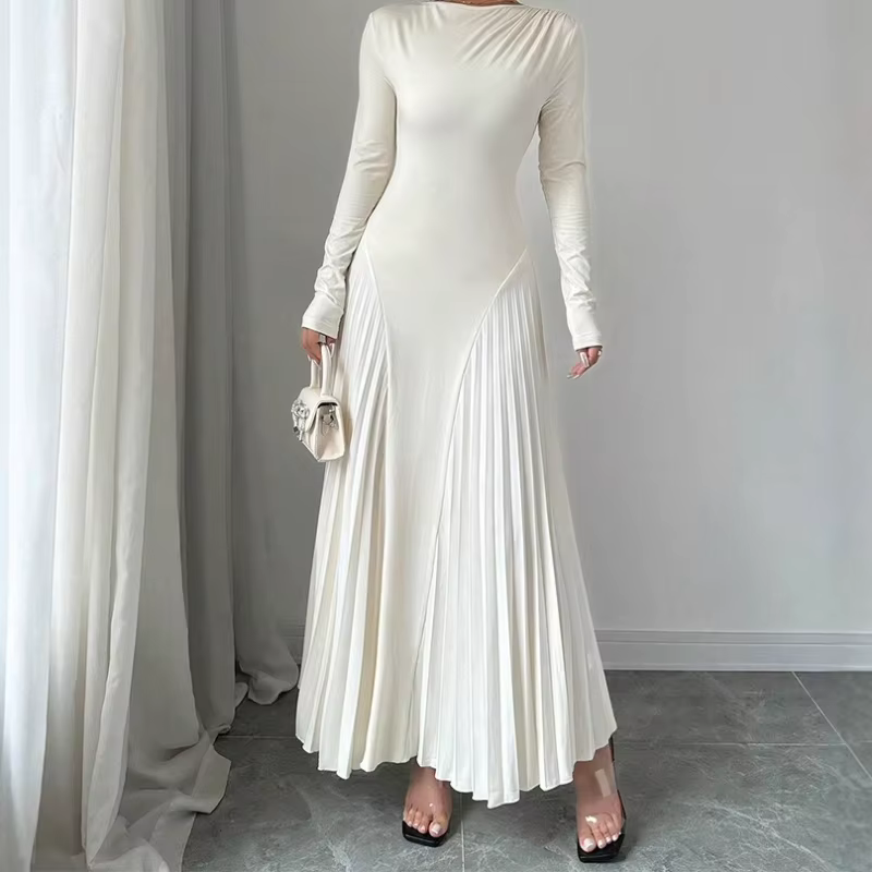 Robe tricotée à manches longues pour femmes, tenue élégante plissée pour Banquet d'automne