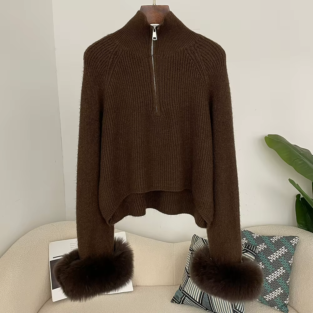 DEBAIFUR 2025 nouveau hiver doux pull fourrure de renard manchette dame mode Cardigan comprend laine femmes col haut