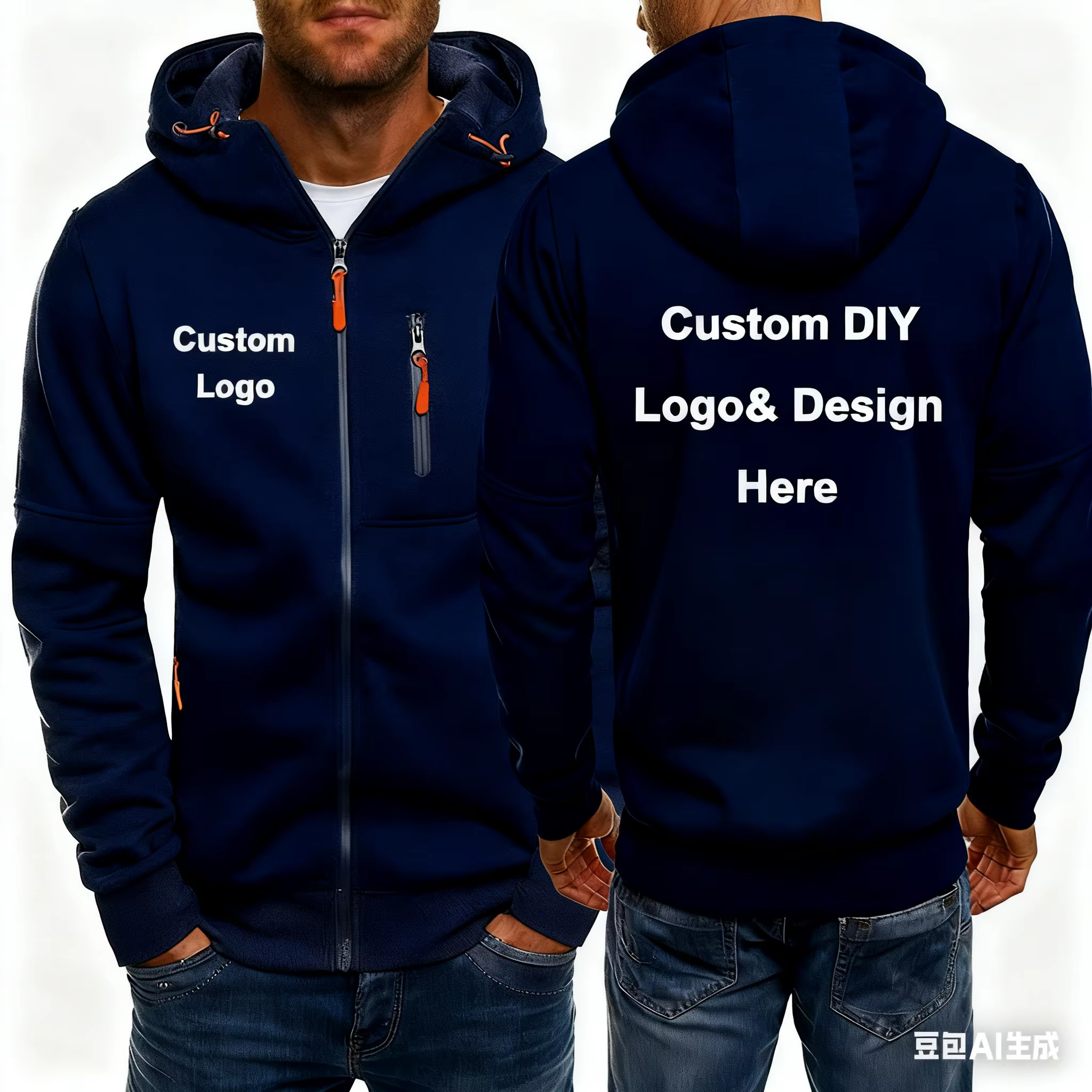 Veste à capuche avec fermeture éclair pour hommes, avec poches, texte d'image de logo personnalisé, streetwear de sport décontracté, pull en laine cardigan pour hommes, mode