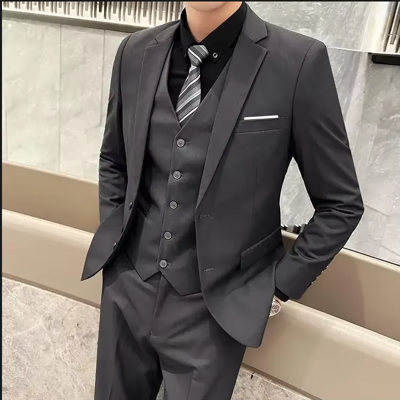 Costume (Blazer + gilet + pantalon) pour hommes, à la mode, pour hommes d'affaires, Style britannique, couleur unie, hôte de Banquet, costume de mariage décontracté