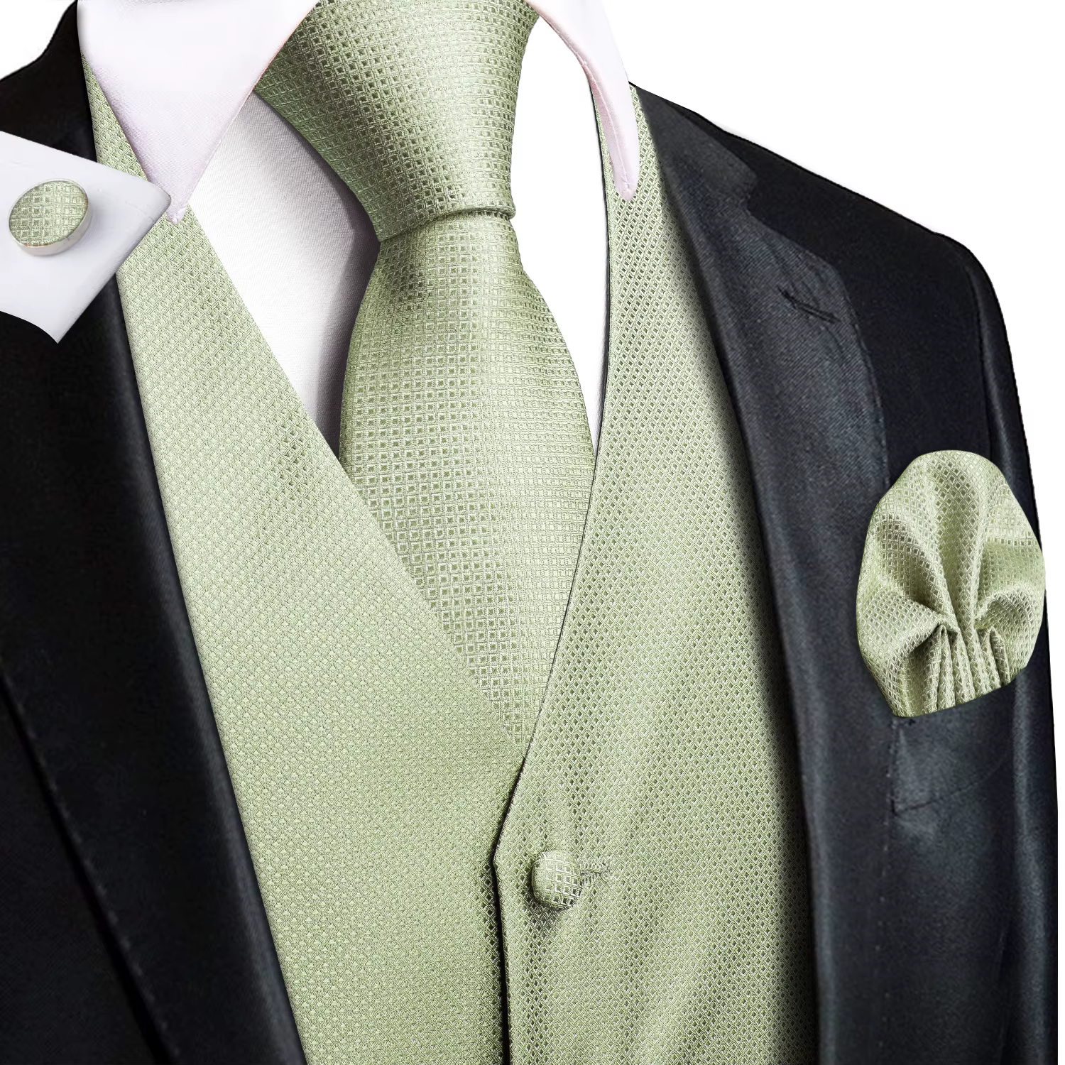 Gilet de costume homme vert sauge uni à motif floral, ensemble 4 pièces, avec gilet bleu tissé, cravate, pochette de costume et boutons de manchette, pour affaires, mariage et cérémonie
