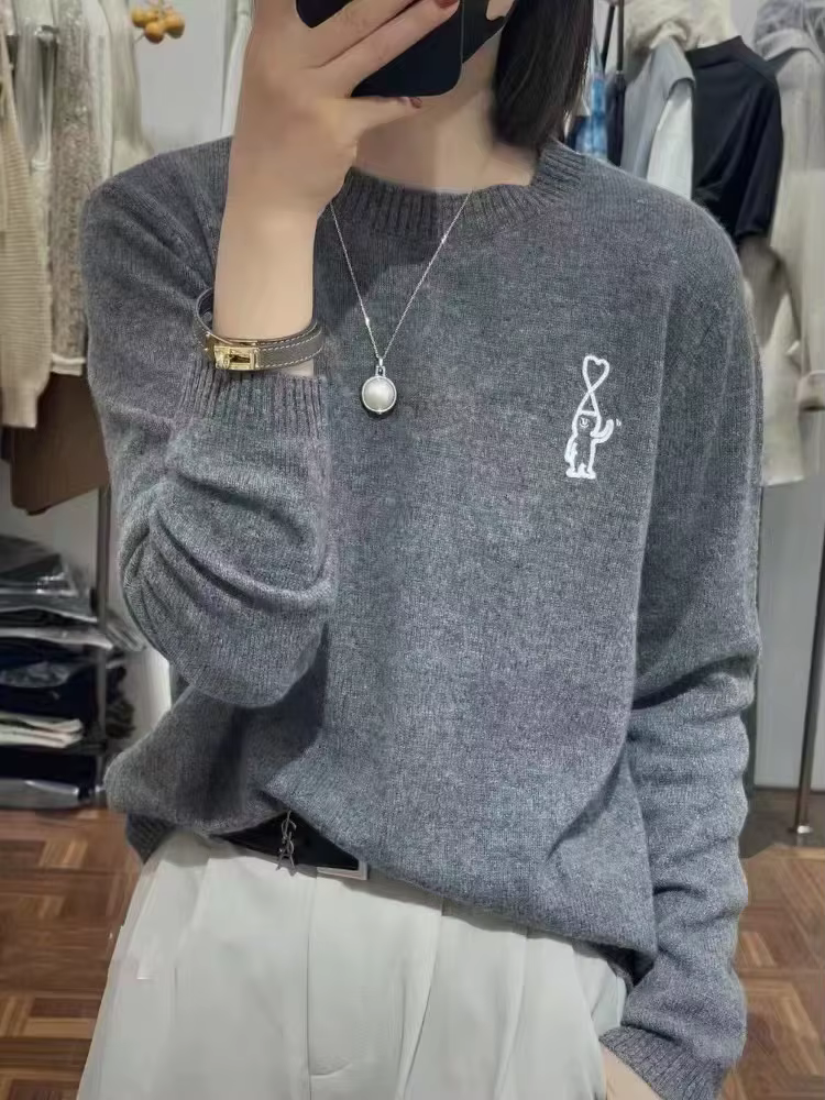 Pull en cachemire à manches longues et col rond pour femmes, élégant pull brodé, automne et hiver, idéal pour bureau et occasions spéciales
