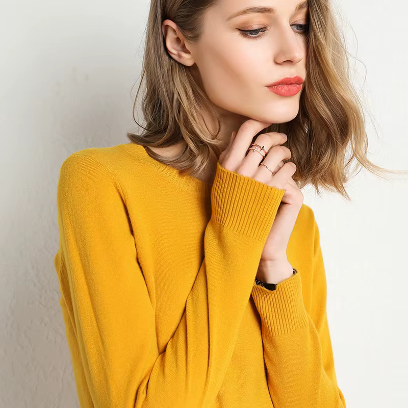 Pull Slim à col rond pour femme, mélange de laine et cachemire, chemise à manches longues en tricot, grande taille, automne et hiver, 2024