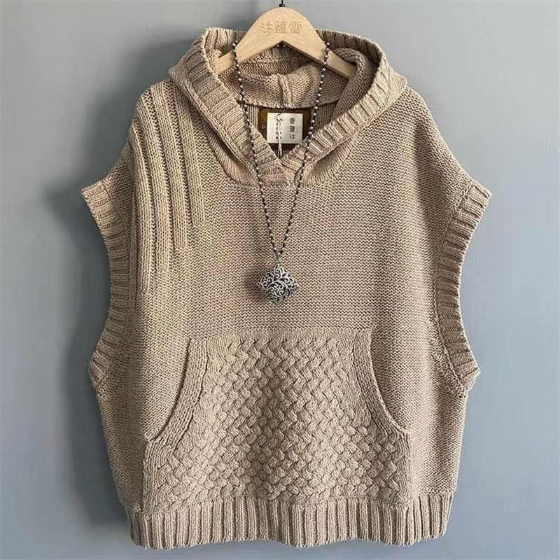 2025 automne hiver sans manches réduction de l'âge dames tricoté pull gilet veste à capuche loisirs couleur unie femmes