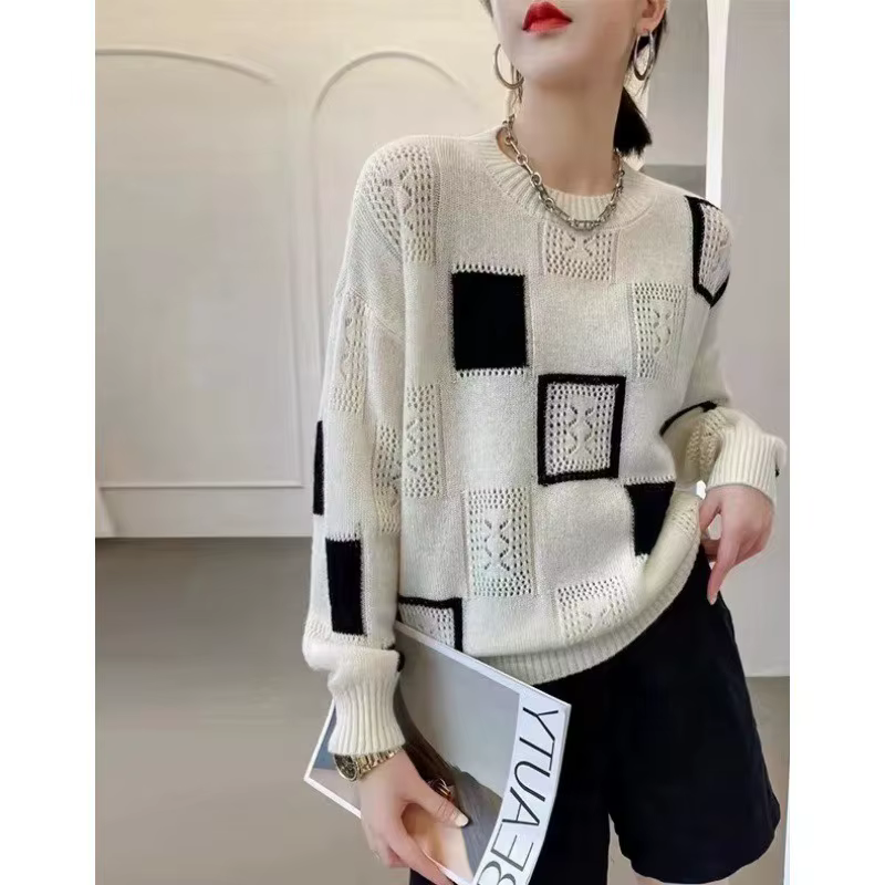 Vêtements pour femmes Vintage géométrique Patchwork tricoté pull décontracté Streetwear hauts pullover à manches longues T-Shirts sur mesure