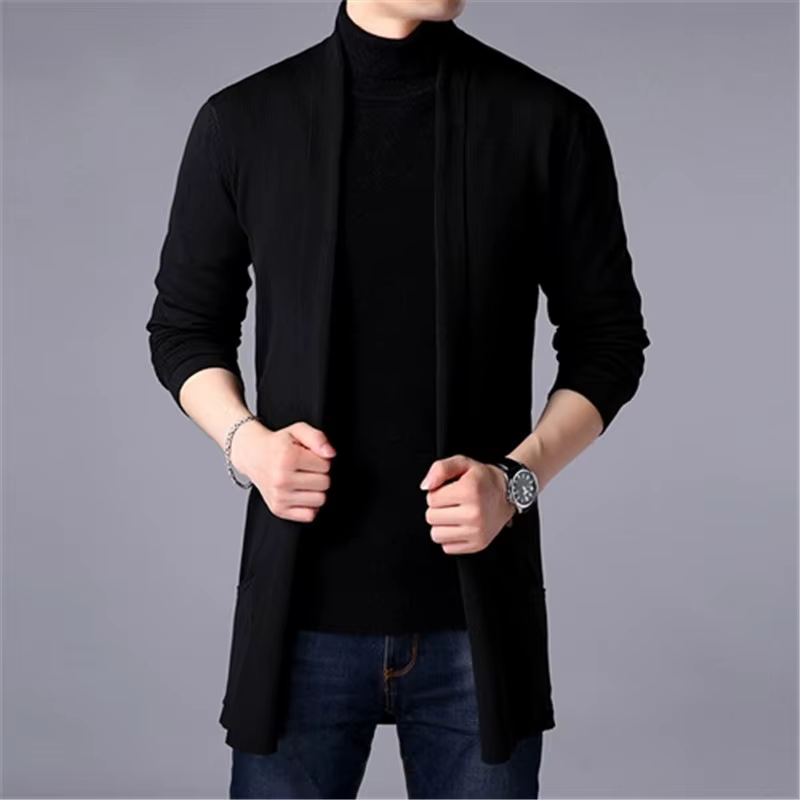 Cardigan long en tricot pour homme 2026, veste décontractée à la mode, poche, cardigan pour homme, pull, hauts pour homme, manteaux