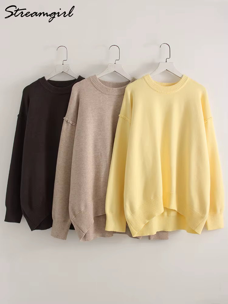 Chandails surdimensionnés marron pour femmes hiver épais jaune pull femme automne chaud ample col rond dames