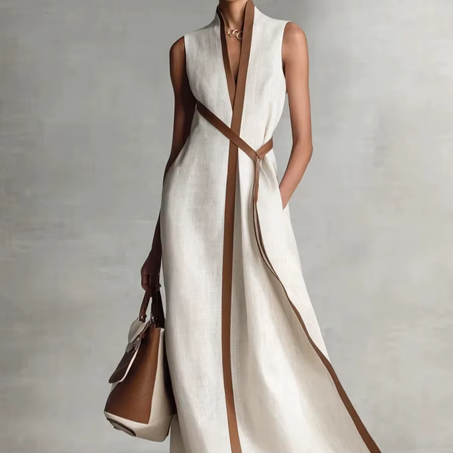 Robe en lin color block pour femme, col montant, sans manches, en coton, tenue longue printemps-été