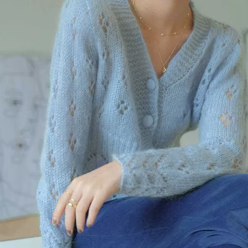 Pull en tricot bleu court à col en V pour femme, cardigan Kawaii, boutonné, mignon, vintage des années 90, hiver automne, pour femmes, tenues d'hiver, mode kawaii