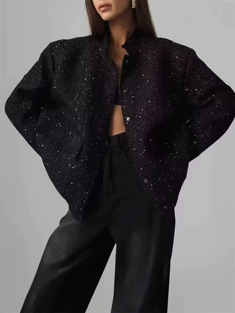 Veste élégante à col rond doré à paillettes pour femmes