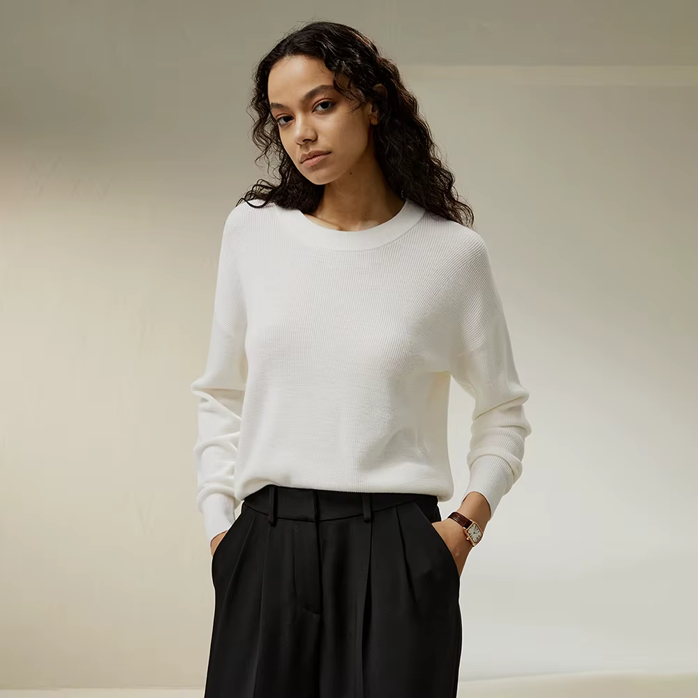 LILYSILK Pull ultra-fin en laine mérinos pour femme à col rond avec épaule tombante pour un usage quotidien