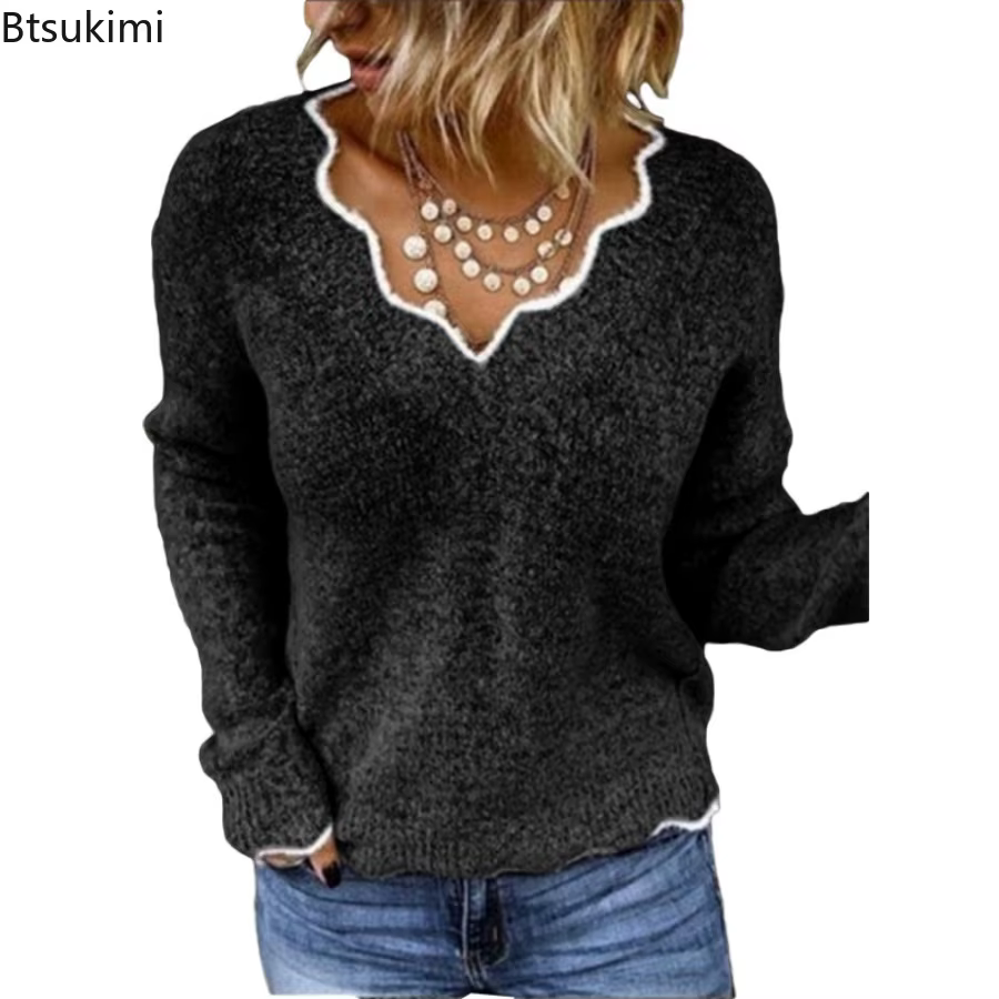 Pull décontracté à col en V pour femmes, couleur unie, polyester, automne hiver, manches longues, occasions casual et soirées